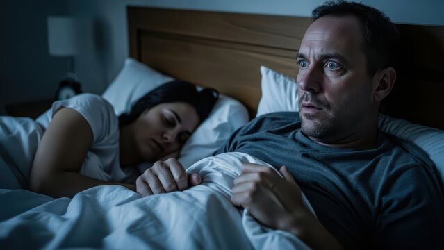 Anxious man awake in bed at night beside sleeping woman in calm bedroom setting