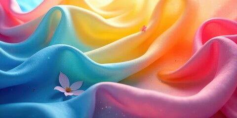 Cascading waves of pastel fabric flow and shimmer with delicate floral accents and ethereal light.