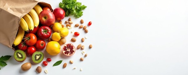 Paper bag spilling with fresh fruits and vegetables like bananas apples tomatoes kiwi pomegranate. Nuts and greens are scattered around. Healthy food selection.