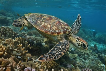 Green sea turtle swimming over a coral reef in clear blue ocean water
