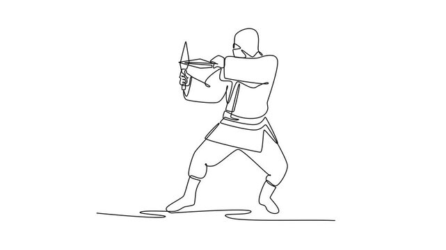 Animated self drawing of continuous line draw active man ninja poised in a wide combat stance, holding twin daggers ready to attack, illustrating stealth and focused. Full length single line animation