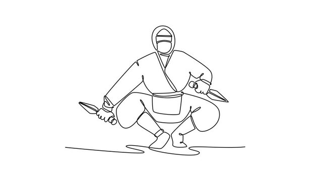 Animated self drawing of continuous line draw man ninja poised in a deep squatting stance, holding twin daggers ready to attack, illustrating stealth, focused action. Full length single line animation