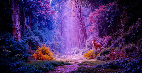 A lone wolf stands on a mossy hill overlooking a winding path through an enchanted forest glowing with ethereal purple light, fantasy digital painting