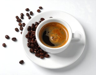 Fototapeta premium Overhead shot of a cup of dark coffee with coffee beans on a plate