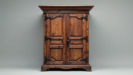 A rustic pine cabinet with ornamental iron hardware and a decorative top molding stands against a neutral background