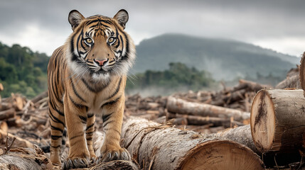 wildlife photo, a Sumatran tiger standing on top of large cut timber logs from illegal logging. Environmental destruction theme