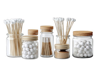 Bathroom storage with glass jars and cosmetic accessories for daily care with transparent backgrounds