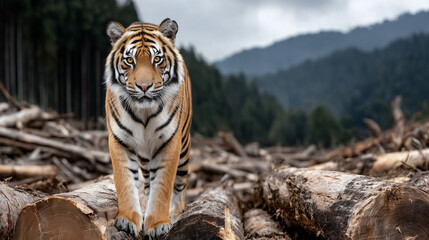 wildlife photo, a Sumatran tiger standing on top of large cut timber logs from illegal logging. Environmental destruction theme