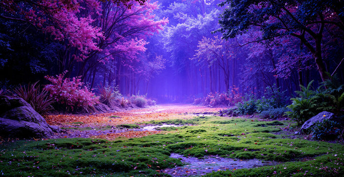 An enchanted forest path with green mossy ground winding through trees with vibrant glowing purple and pink foliage, fantastical atmospheric landscape