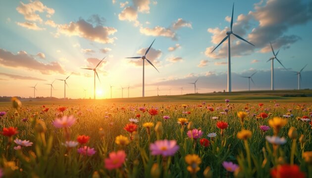 Wind turbines spin in a flower field at sunset. Rural landscape shows green grass, colorful wildflowers, and clean energy farm. Sky has clouds, sun rays. - Powered by Adobe