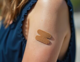 Girl gets vaccine shot in arm. Brown bandaid covers spot of injection on shoulder. Young person protects, gets medical help. Concept medicine, healthcare, vaccination, immunization, injection, virus