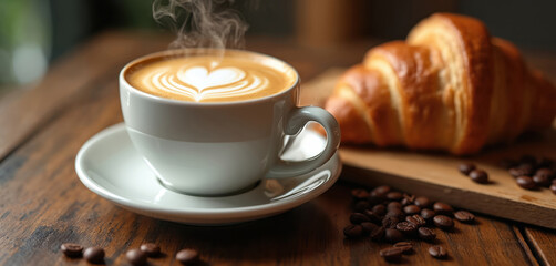 Steaming hot latte art coffee in white mug beside fresh croissant and scattered beans on wooden table. Morning cafe breakfast provides comfort and energy.