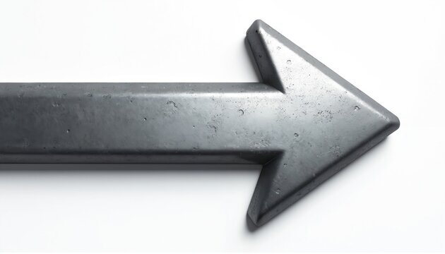 Gray metal arrow points right on white background. Industrial 3D icon progress future, direction. Pointer shape indicates next step forward showing growth, clear path for business modern tech. - Powered by Adobe
