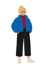 Winter fashion woman standing on white background wearing warm coat hat sweater leggings boots and bag modern cold season outfit character illustration for design use.