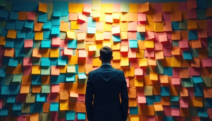 Man in suit faces wall covered with colorful sticky notes. He contemplates project ideas, tasks, or feedback. Brainstorming session for business planning. Teamwork and strategy.