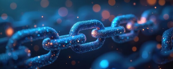 Blue digital chain represents blockchain tech concept. Data links glow with bright particles showing secure network. Abstract image shows secure connection, modern tech for digital data storage,