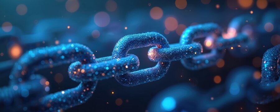 Blue digital chain represents blockchain tech concept. Data links glow with bright particles showing secure network. Abstract image shows secure connection, modern tech for digital data storage,