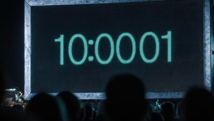 Digital Timer Displaying 10 -0001 on a Large Screen with Audience Silhouettes.