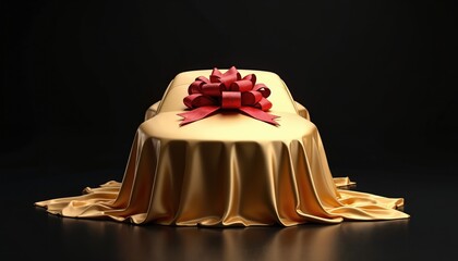 Luxury car under elegant gold silk cover with bright red bow. New automobile special prize, gift, exclusive award. Stylish presentation on dark reflective background. Surprise awaits grand reveal of