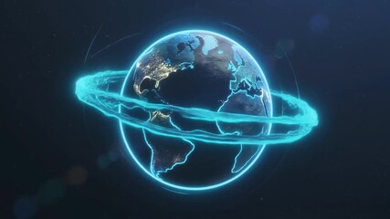 Futuristic glowing Earth rotating with energy ring, a vibrant symbol of global connectivity and innovation in the digital age video - Powered by Adobe