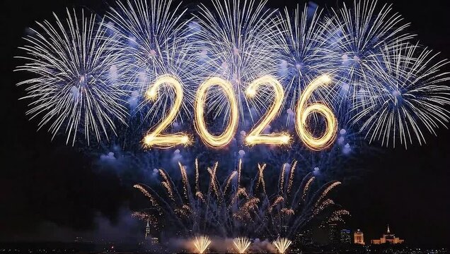 Spectacular 2026 new year fireworks display over city skyline at night