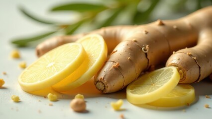 A vibrant arrangement of sliced bright yellow citrus fruits and raw earthy roots with subtle hints of green foliage in the background