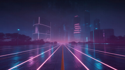 Neon city street futuristic landscape neon lights urban scene road perspective modern architecture empty illuminated cityscape skyline nighttime journey