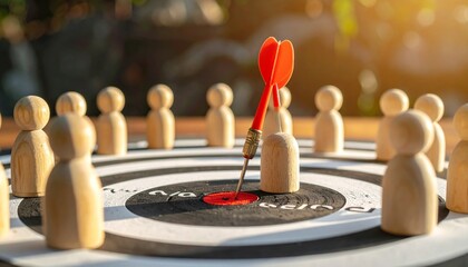 Wooden figurines encircle a red-targeted figure with heart and dart, symbolizing focus and emotional impact.