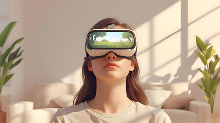 Serene young woman enjoys virtual reality experience at home. Wearing headset, she explores simulation, representing future lifestyle with advanced technology and innovation
