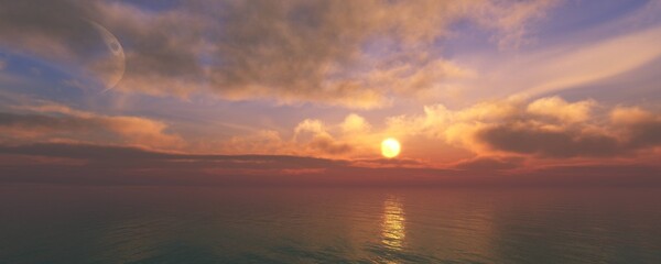 Panorama of sea sunset, ocean sunrise, seascape, 3d rendering
