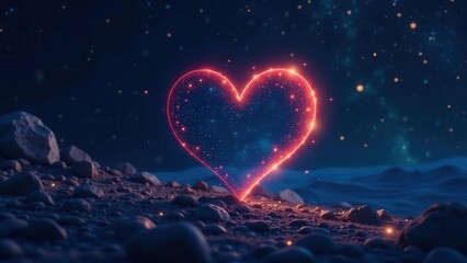 A luminous cosmic heart glows with fiery energy, set against a vast celestial backdrop filled with shimmering stardust and distant, glowing orbs.
