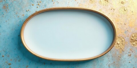 Elegant abstract composition featuring a luminous oval shape with a rich metallic border against a textured, oceanic blue and gold speckled backdrop
