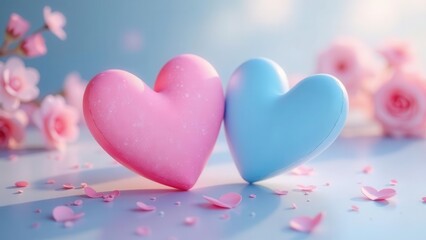 A soft pastel depiction of two intertwined hearts, one pink and one blue, surrounded by delicate petals and gentle floral elements