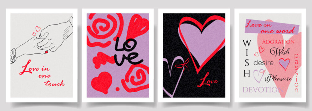 A charming set of Valentine days cards featuring hand-drawn hearts, romantic lettering, soft pastel tones and bold red accents. Stylish mix of doodles, typography and modern love-inspired graphics.
