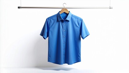 Blue short-sleeved shirt on wooden hanger, minimalist fashion on white background, casual men's clothing display, clean apparel studio shot