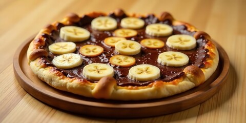 Delightful dessert creation featuring a sweet pizza base generously topped with a rich chocolate spread and adorned with fresh fruit slices
