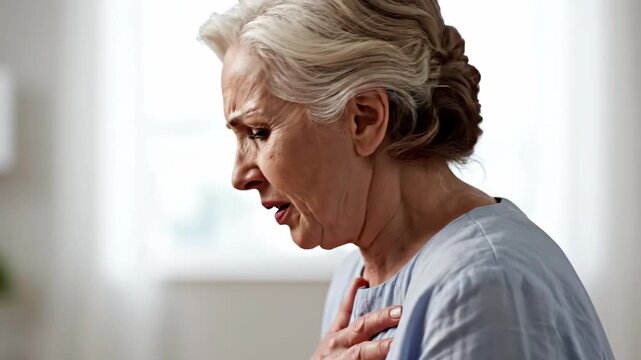 Elderly Woman Experiencing Respiratory Distress, Showing Signs of Anxiety and Physical Strain