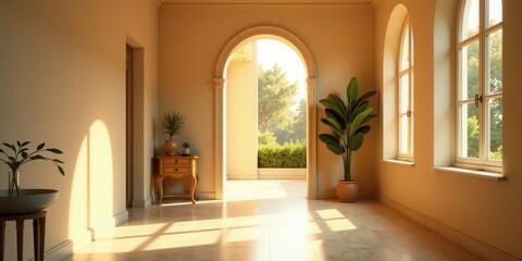 Sunlight Streams Through Arched Entryways Illuminating a Serene Interior Space with Lush Greenery Visible Outside