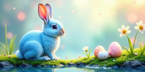 A fluffy blue bunny contemplates springtime and decorated eggs near a tranquil water's edge surrounded by delicate blossoms and verdant growth
