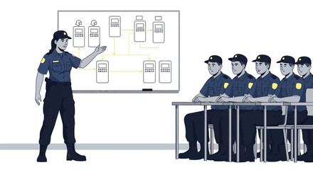 Female officer educating subordinates through a flow chart on whiteboard diagram