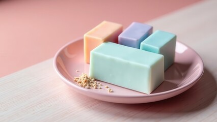 A pastel collection of handcrafted soap bars presented on a decorative dish, a soothing and refreshing visual experience