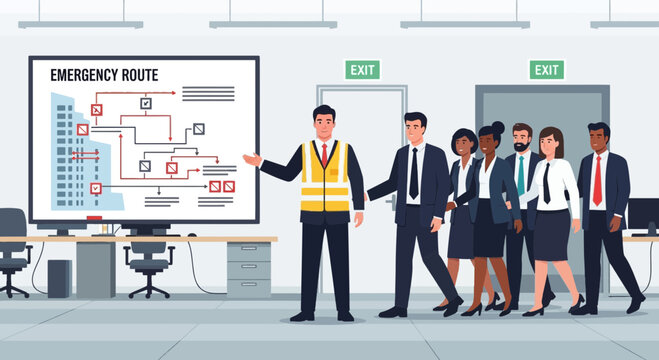 Emergency evacuation training, employees learning about safe routes in office