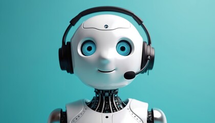 Friendly robot with headset offers assistance. This AI customer service bot works in call center. Its blue eyes glow while helping users. Modern tech support concept with smart machine.
