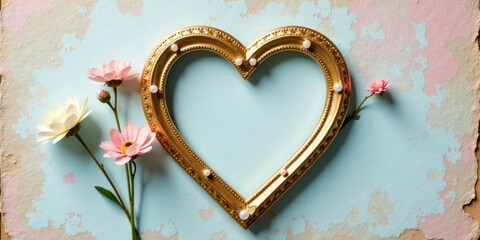 A Golden Heart Adorned with Delicate Pearls Nestled Among Soft Pink and White Blossoms with a Faded Papery Texture