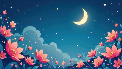 Dreamy celestial garden with luminous crescent moon shining over a field of vibrant blossoms beneath a star-dusted twilight sky