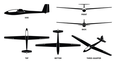 Technical illustration of a glider with multiple orthogonal views design