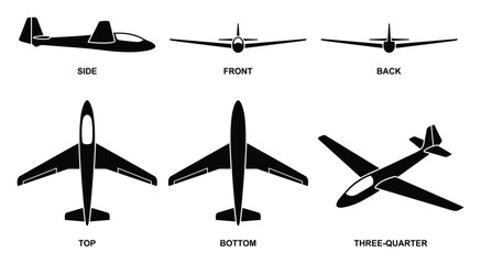 Airplane Schematics: Detailed Views of a Glider in Black and White Style