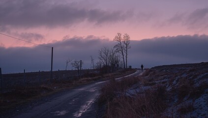 Man is walking on a road in the countryside
