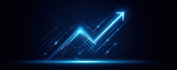 startup success concept. A dynamic blue arrow graphically represents growth and progress against a dark background, with sparkling elements enhancing its visual appeal.