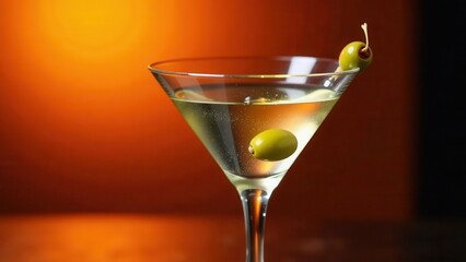 A sophisticated clear alcoholic beverage garnished with vibrant green olives presented in a crystal glass with a warm, gradient background